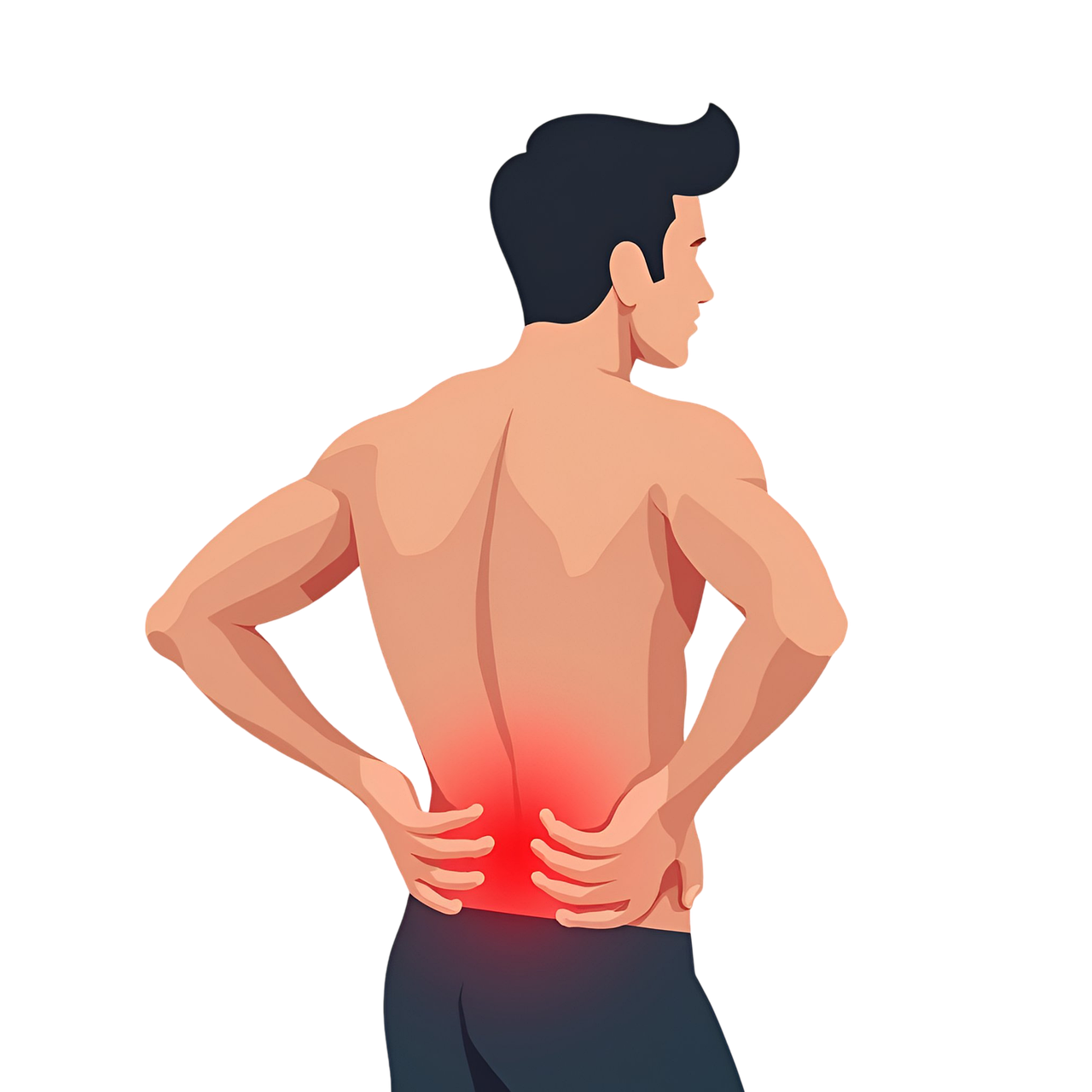 man, backache, posture, spine, lower back pain, muscle strain, disc pain, nerve pain, chronic pain, physical therapy, stiffness, ai generated, inflammation, back support, sciatica, scoliosis, pain relief, stretching, bad posture, weak core, cartoon, cutout